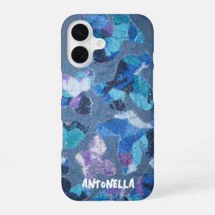 Blue navy cyan purple monogram abstract pattern iPhone 16 case
