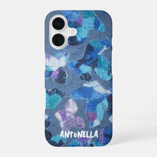 Blue navy cyan purple monogram abstract pattern  iPhone 16 case (Back)