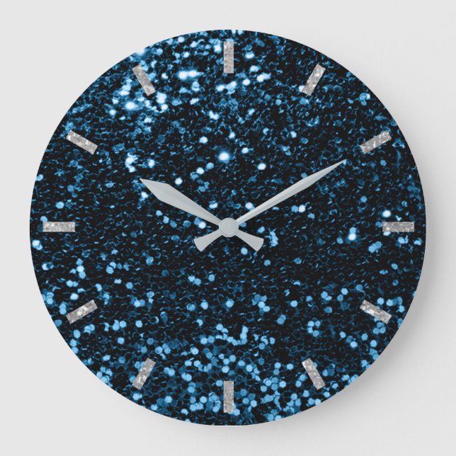 Blue Navy Deep Sparkly Glitter Silver Grey Large Clock (Front)