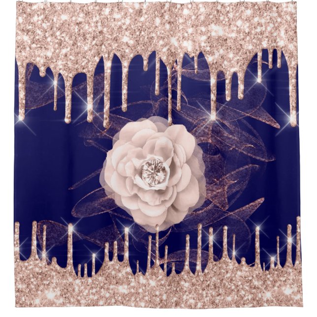 Blue Navy Drips Rose Gold Diamond Glam Shower Curtain (Front)