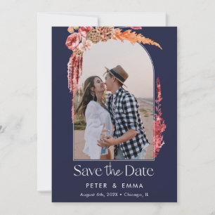 Blue Navy   Evening Save the Date Pampas Grass Holiday Card