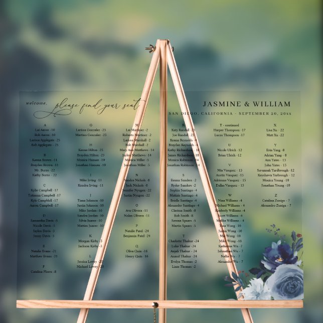 Blue & Navy Floral Alphabetical Seating Chart S (Neutral)