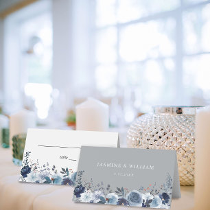 Blue & Navy Floral - Blue & Grey Place Card