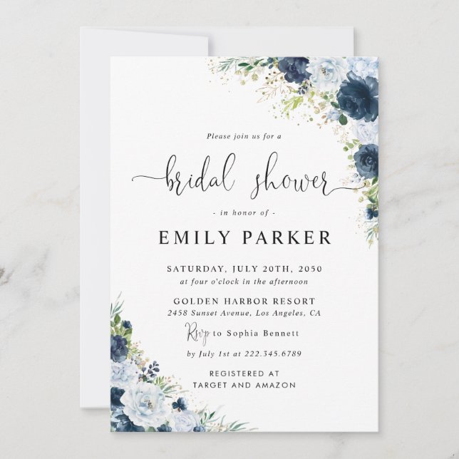 Blue Navy Floral Bridal Shower Invitation (Front)
