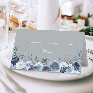  Blue & Navy Floral - Grey Place Card