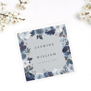 Blue & Navy Floral Name Napkins- Blue Grey Napkin