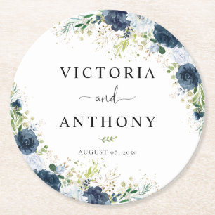 Blue Navy Floral Round Wedding Coaster