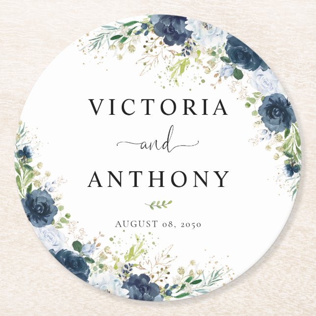 Blue Navy Floral Round Wedding Coaster (Front)