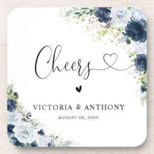 Blue Navy Floral Square Wedding Coaster