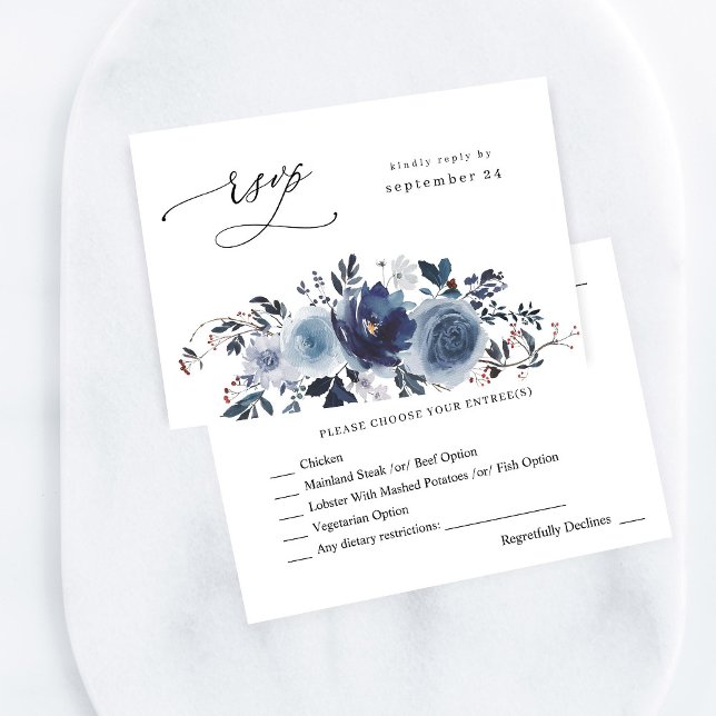 Blue & Navy Floral w Meal RSVP  Card (Creator Uploaded)
