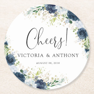Blue Navy Floral Wedding Cheers Round Coaster