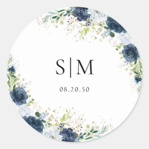 Blue Navy Floral Wedding Classic Round Sticker