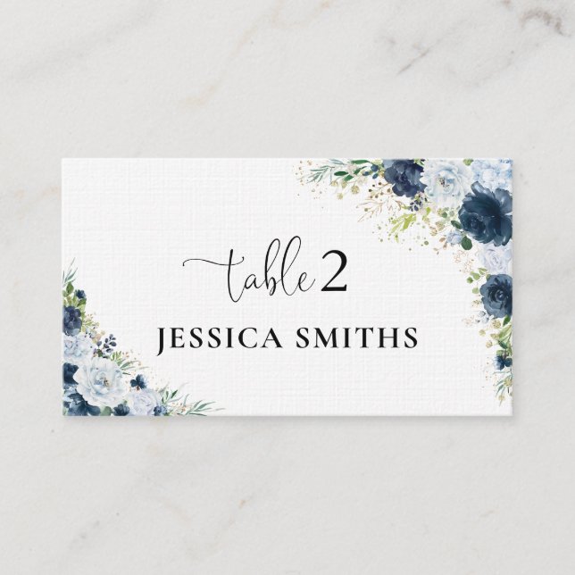 Blue Navy Floral Wedding Folded Place Card (Front)