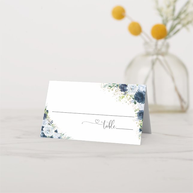 Blue Navy Floral Wedding Folded Place Card (Front)