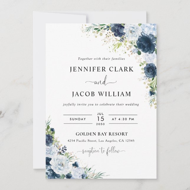 Blue Navy Floral Wedding Invitation (Front)