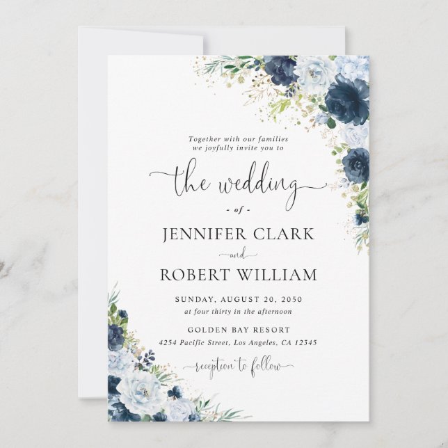 Blue Navy Floral Wedding Invitation (Front)