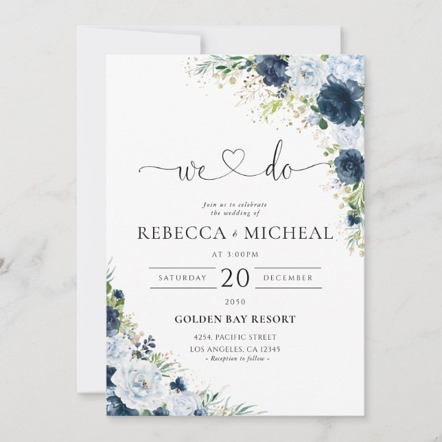 Blue Navy Floral Wedding Invitation (Front)