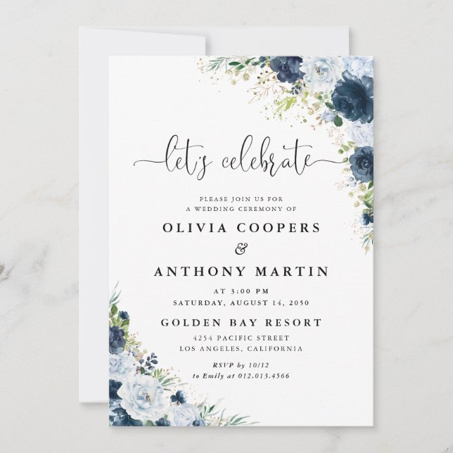 Blue Navy Floral Wedding Invitation (Front)
