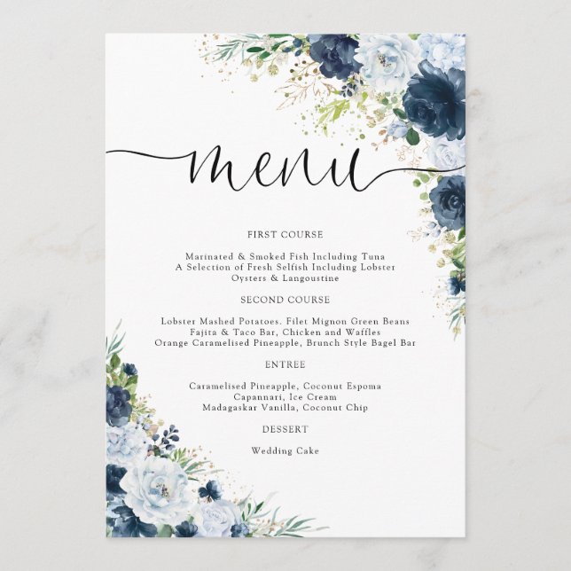 Blue Navy Floral Wedding Menu (Front)