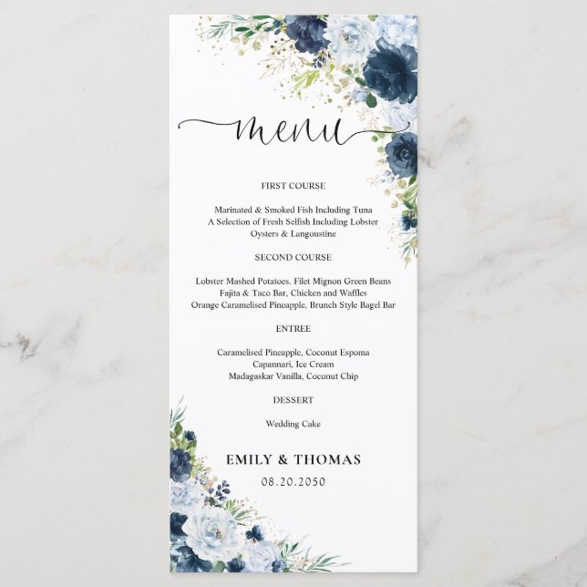 Blue Navy Floral Wedding Menu (Front)