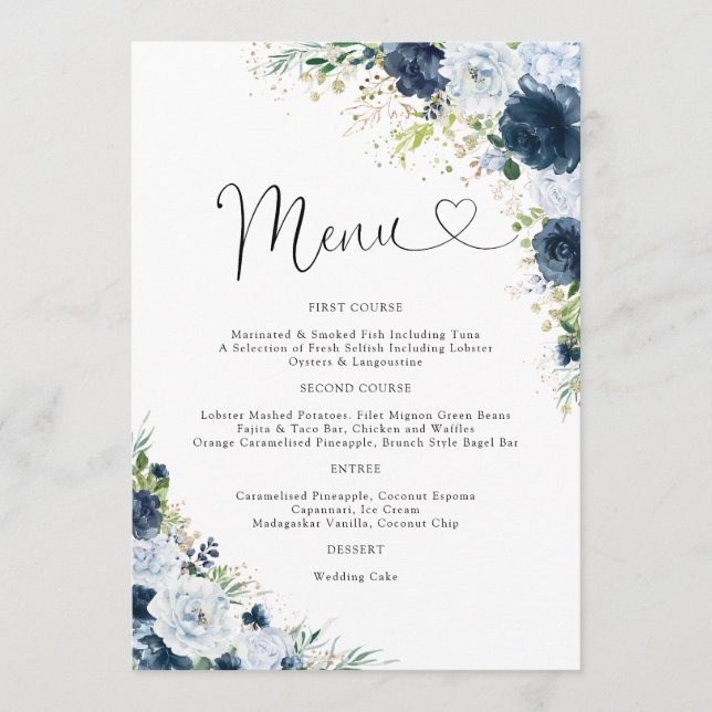 Blue Navy Floral Wedding Menu (Front)