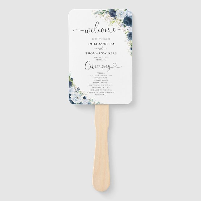 Blue Navy Floral Wedding Program Hand Fan (Front)