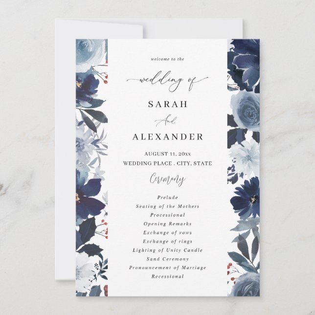 Blue & Navy Floral Wedding Program Invitation (Front)