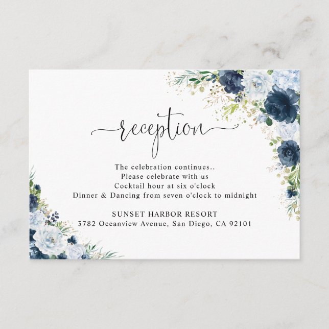 Blue Navy Floral Wedding Reception Enclosure  Card (Front)