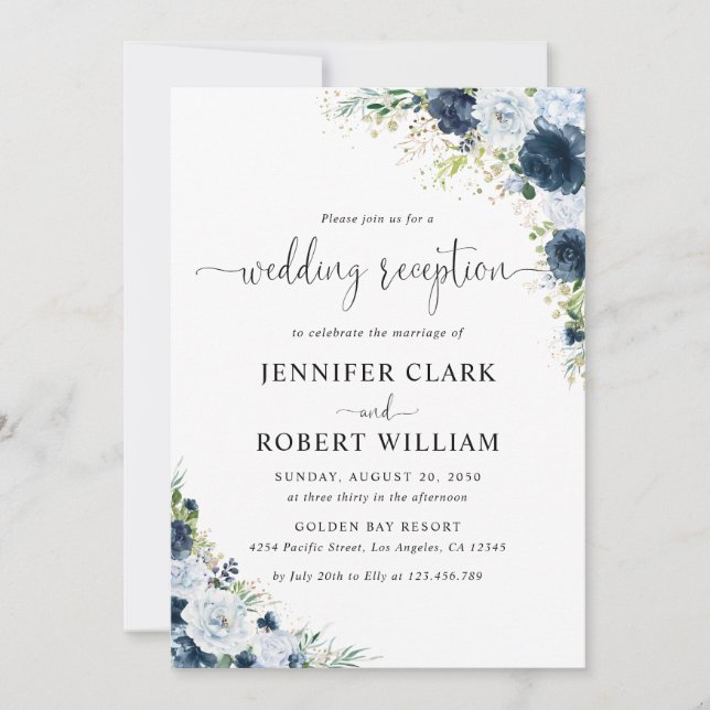 Blue Navy Floral Wedding Reception Invitation (Front)