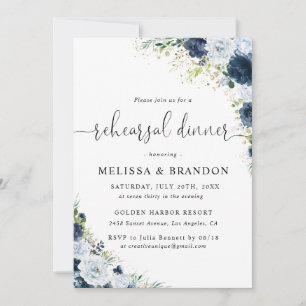 Blue Navy Floral Wedding Rehearsal Dinner Invitation