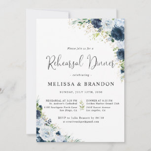 Blue Navy Floral Wedding Rehearsal Dinner Invitation