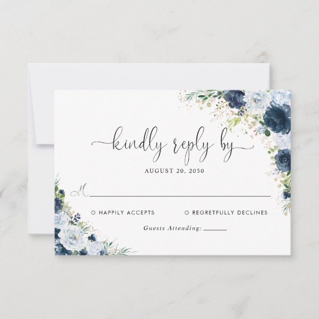 Blue Navy Floral Wedding RSVP Card (Front)