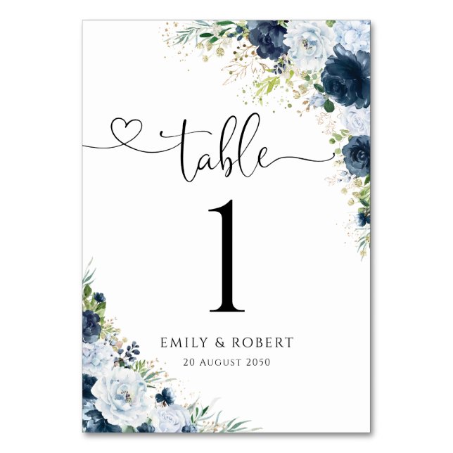 Blue Navy Floral Wedding Table Numbers (Front)