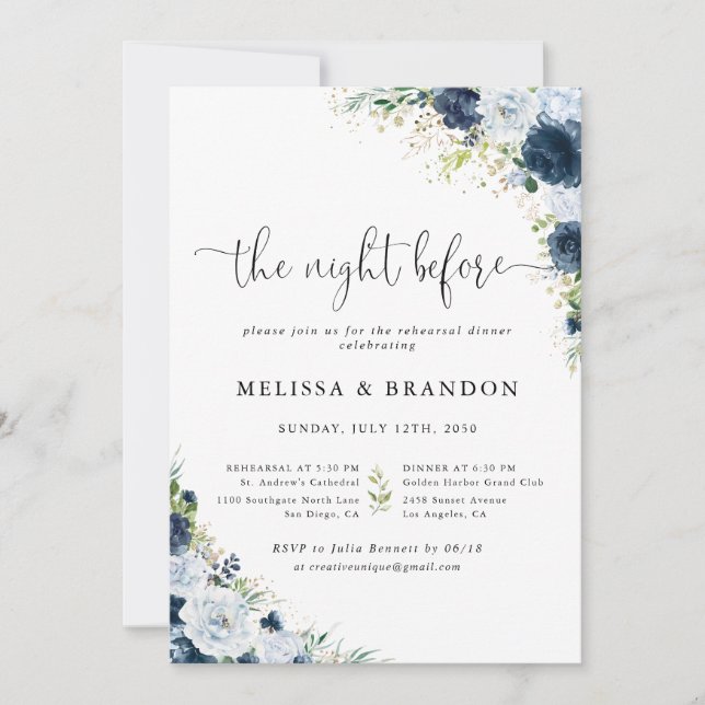 Blue Navy Floral Wedding The Night Before  Invitation (Front)