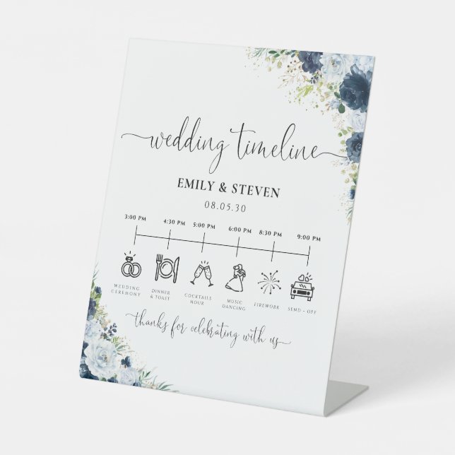 Blue Navy Floral Wedding Timeline Sign (Front)
