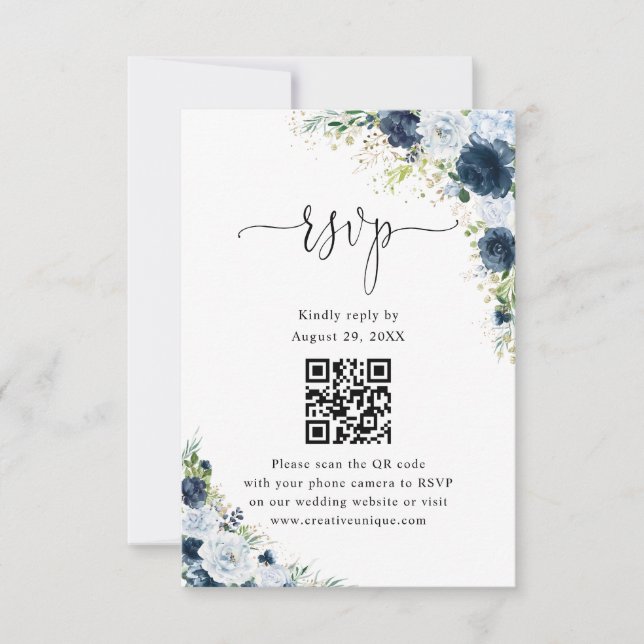Blue Navy Floral Wedding Website QR Code RSVP  Card (Front)