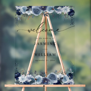Blue & Navy Floral Wedding Welcome 2 Acrylic Sign