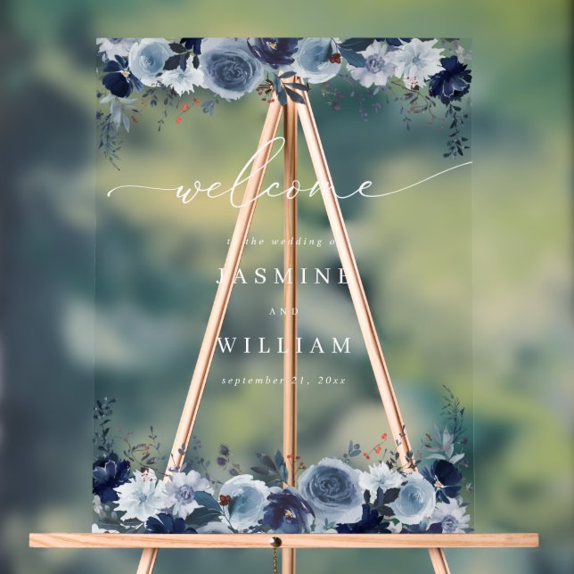 Blue & Navy Floral Wedding Welcome 2- White Acrylic Sign (Neutral)