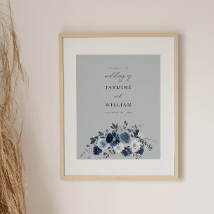 Blue & Navy Floral Wedding Welcome - Blue Grey Poster