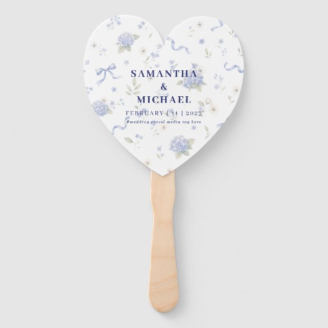 Blue Navy Flowers Floral Patterned Wedding Hand Fan (Front)