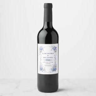 Blue Navy Flowers Floral Wedding Elegant Wine Label