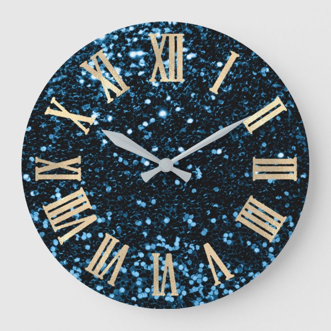 Blue Navy Glitter Teal SilverMetallic Roman Numers Large Clock (Front)