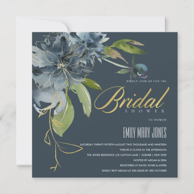 BLUE NAVY GOLD FLORAL BOHO BLOOMS BRIDAL SHOWER INVITATION (Front)