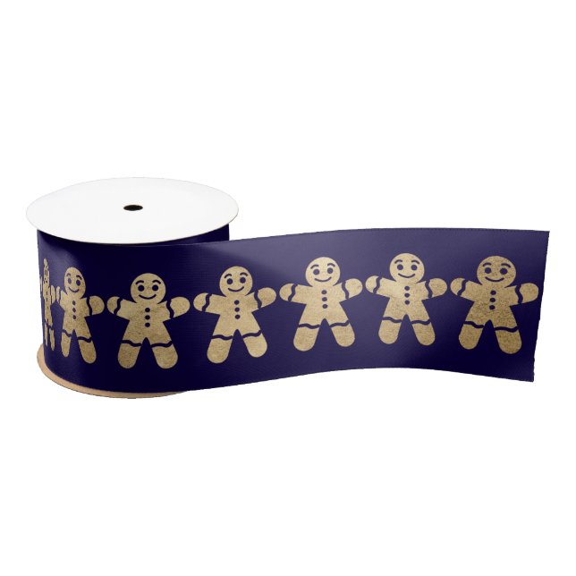 Blue Navy Golden Christmas Gingerbread Man Satin Ribbon (Spool)