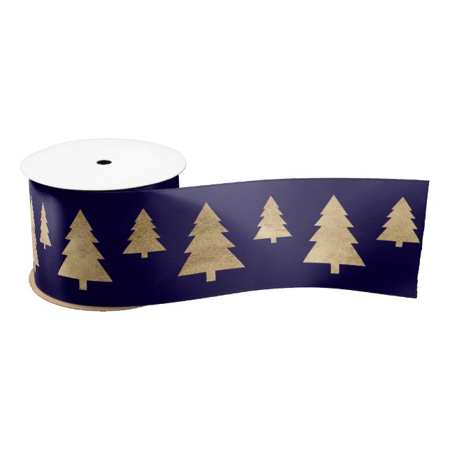 Blue Navy Golden Christmas Tree Holidays Satin Ribbon (Spool)