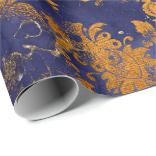 Blue Navy  Honey Gold Floral Grungy Shabby Chic Wrapping Paper