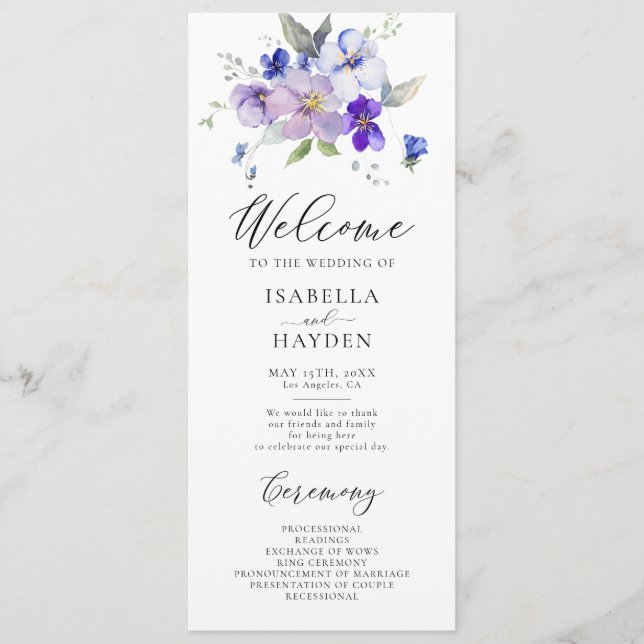 Blue Navy Lavender Lilac Floral Rustic Wedding Programme (Front)