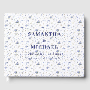 Blue Navy Minimal Floral Patterned Wedding Guest Book