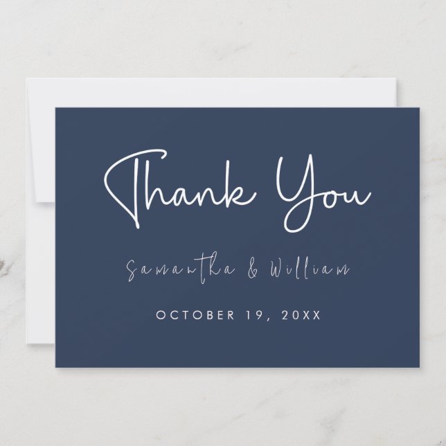 Blue Navy Minimalist Script | Modern Wedding Thank You Card (Front)