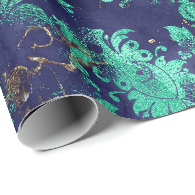 Blue Navy Mint Green Floral Grungy Shabby Chic Wrapping Paper (Roll Corner)